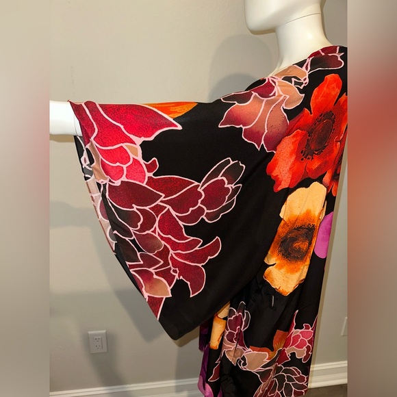 CAMILLA “Midnight Poppy” black floral silk short boho kimono caftan OS no belt - Picture 6 of 11